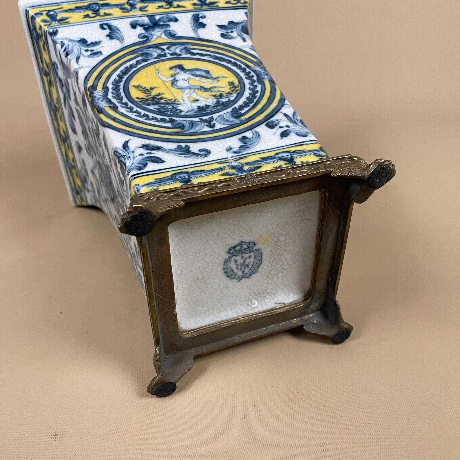 119.0 Vintage Ceramic Planter Blue & White Vase With Gold Metal Stand Continental Display Patterned Flared Top Crackle Glaze Flower Yellow photo