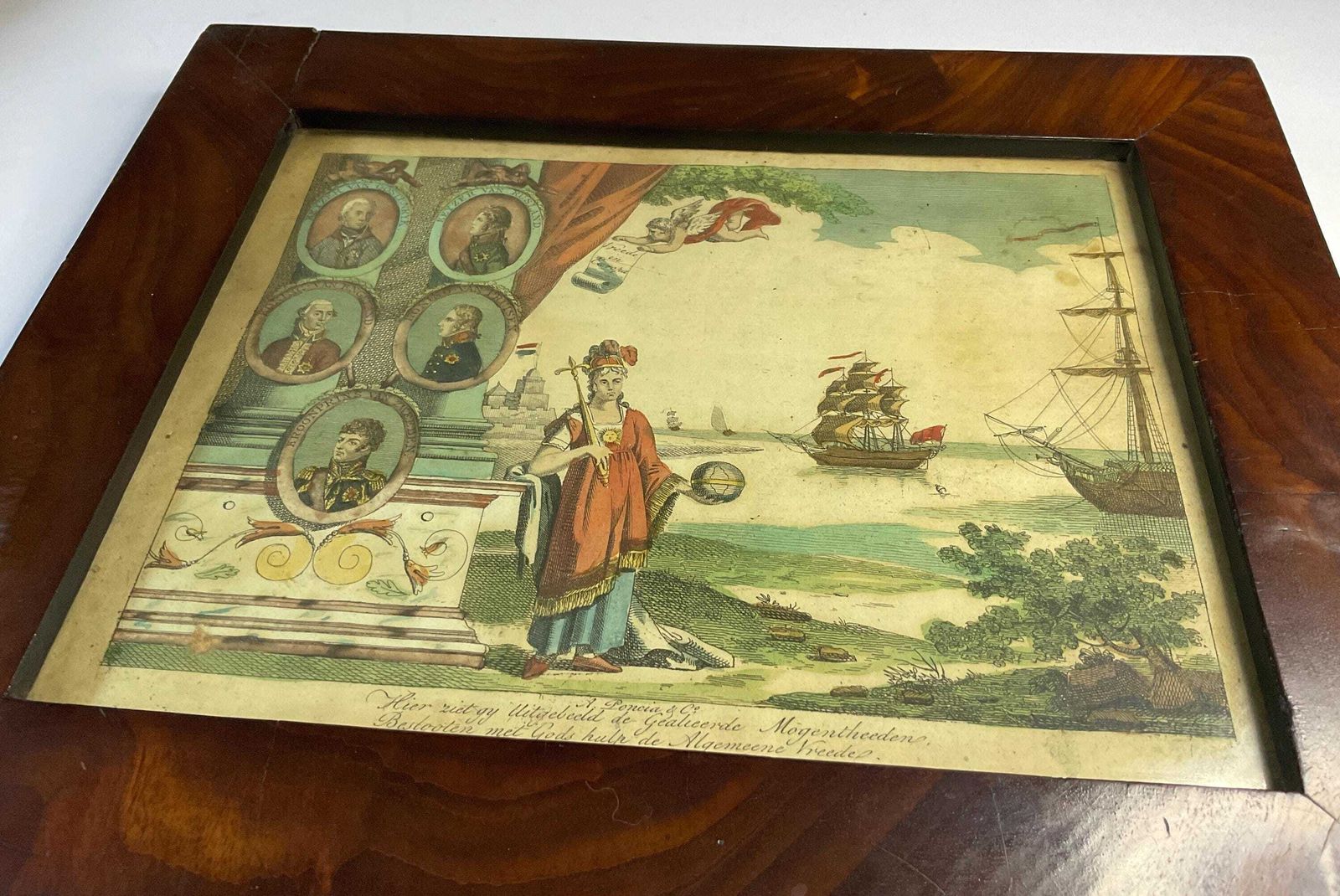 Antique Dutch Hand Coloured Engraving 'Peace In Europe'. photo furniture