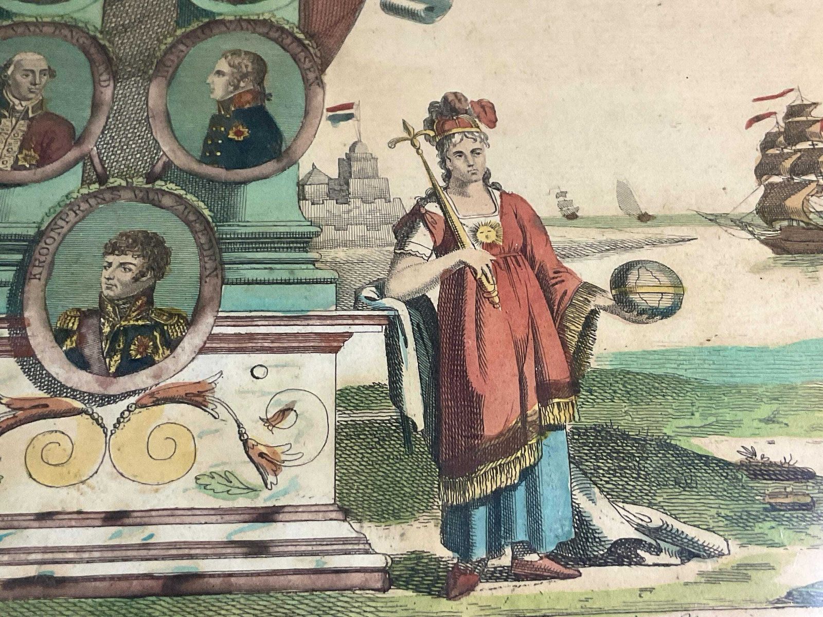 Antique Dutch Hand Coloured Engraving 'Peace In Europe'. photo Furniture