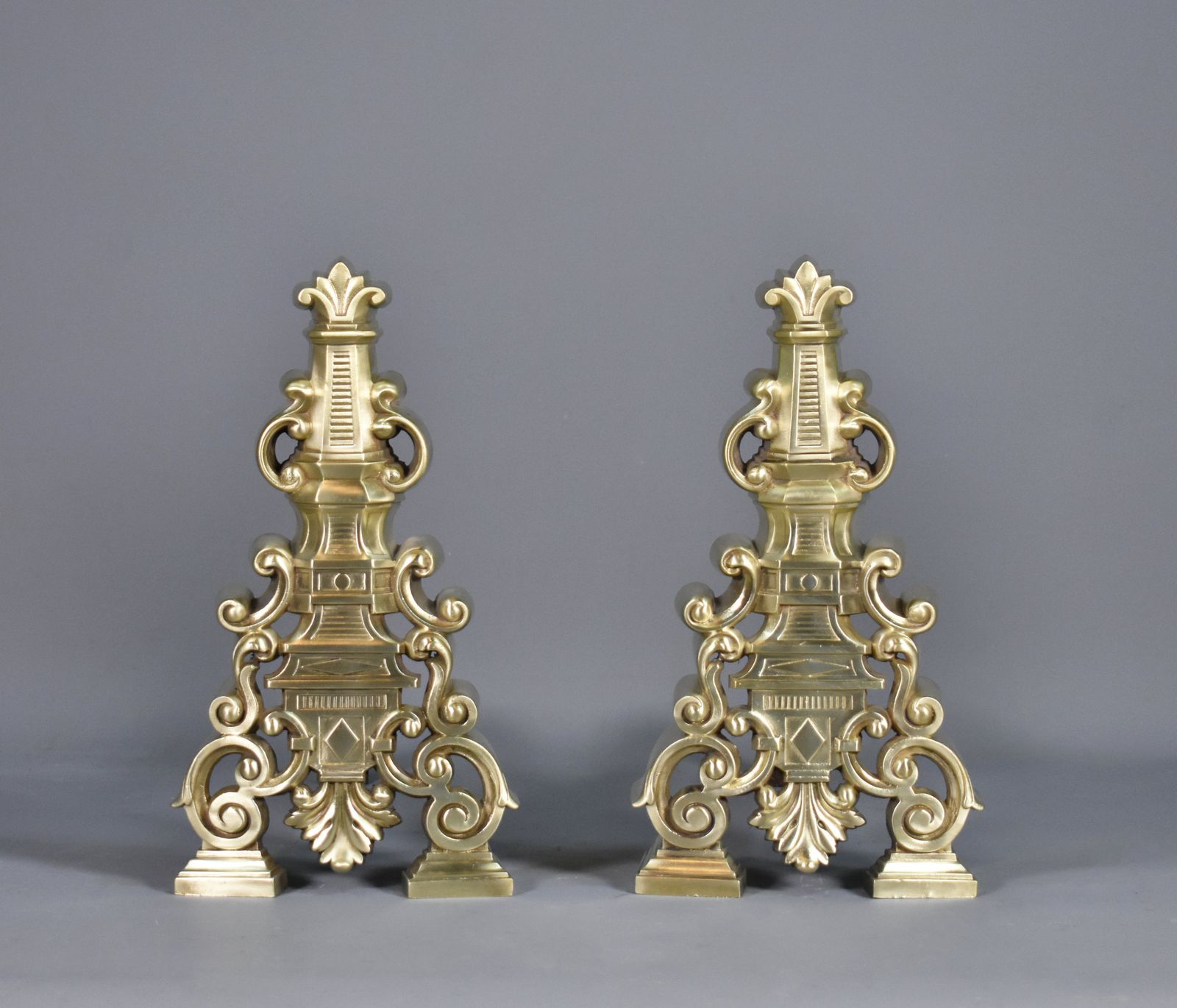 Pair French Antique Brass Fire Dogs / Andirons   Early 20th Century