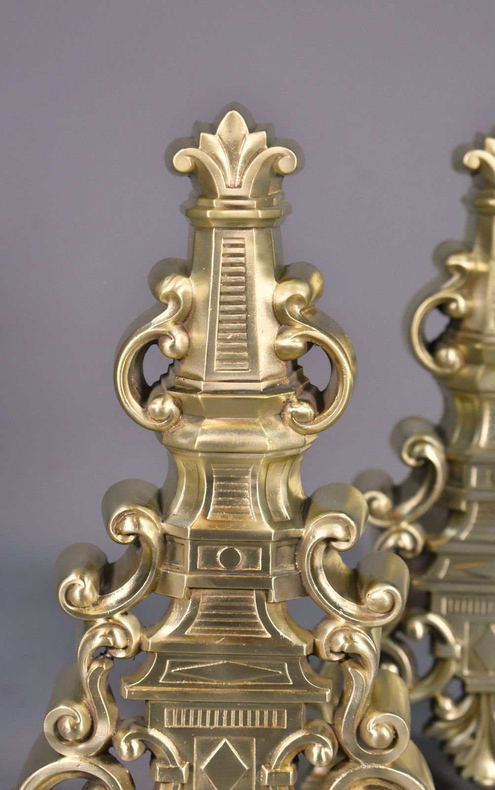 photo for sale Pair French Antique Brass Fire Dogs / Andirons   Early 20th Century