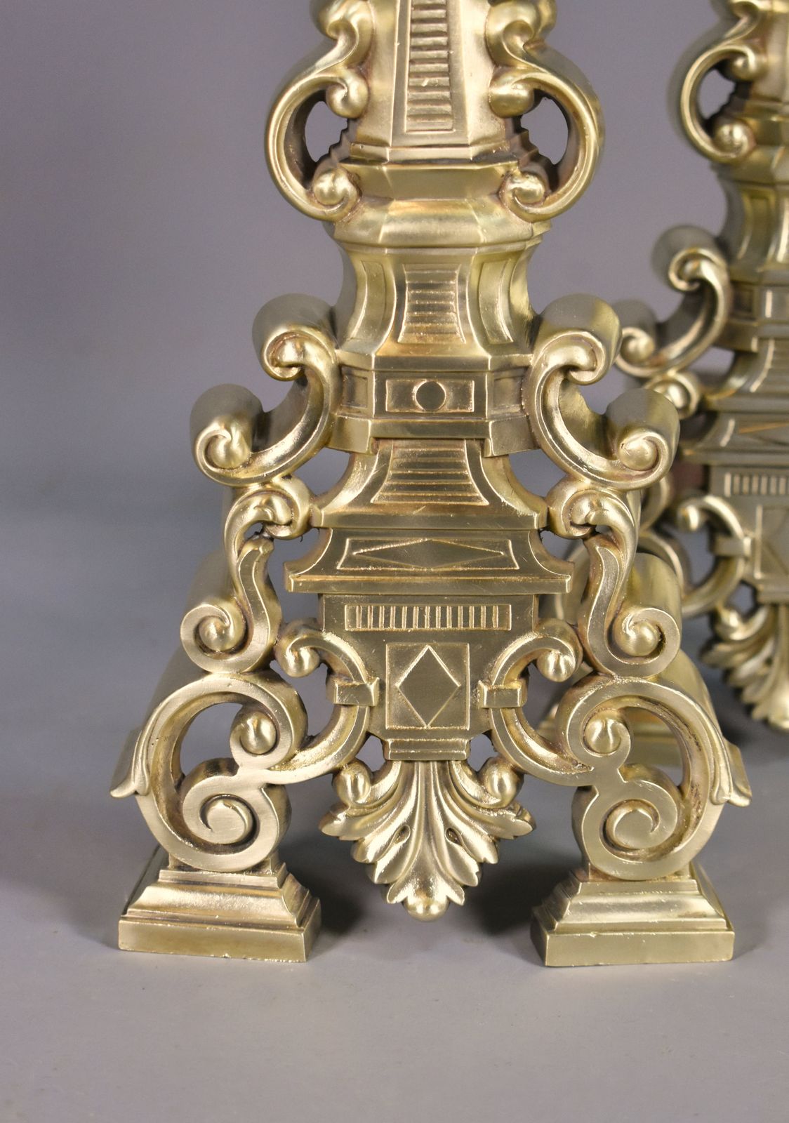 Home Fixtures Pair French Antique Brass Fire Dogs / Andirons   Early 20th Century photo