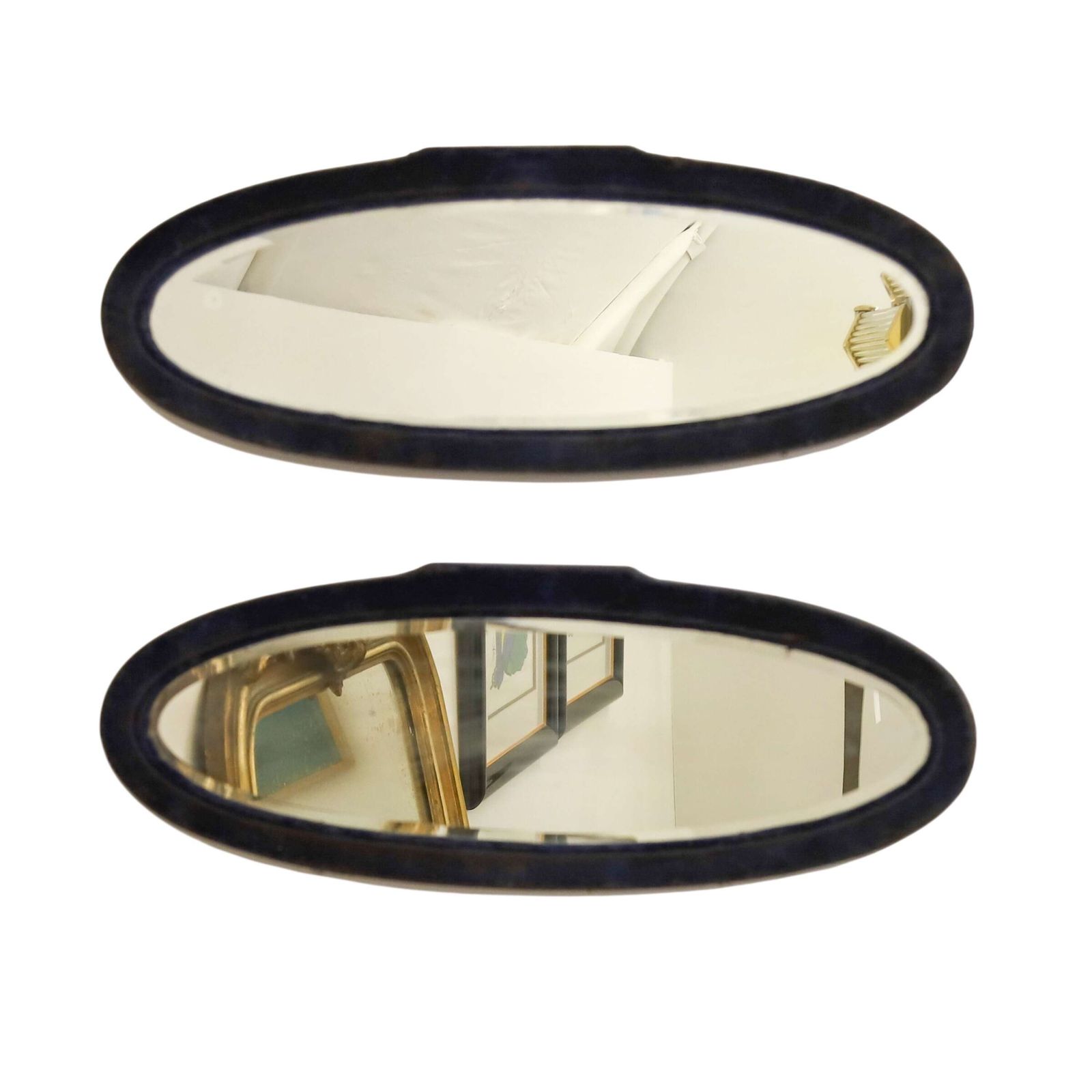 Pair Of French Art Deco Oval Mirrors   Original Plates & Distressed Velvet Frames C. 1930
