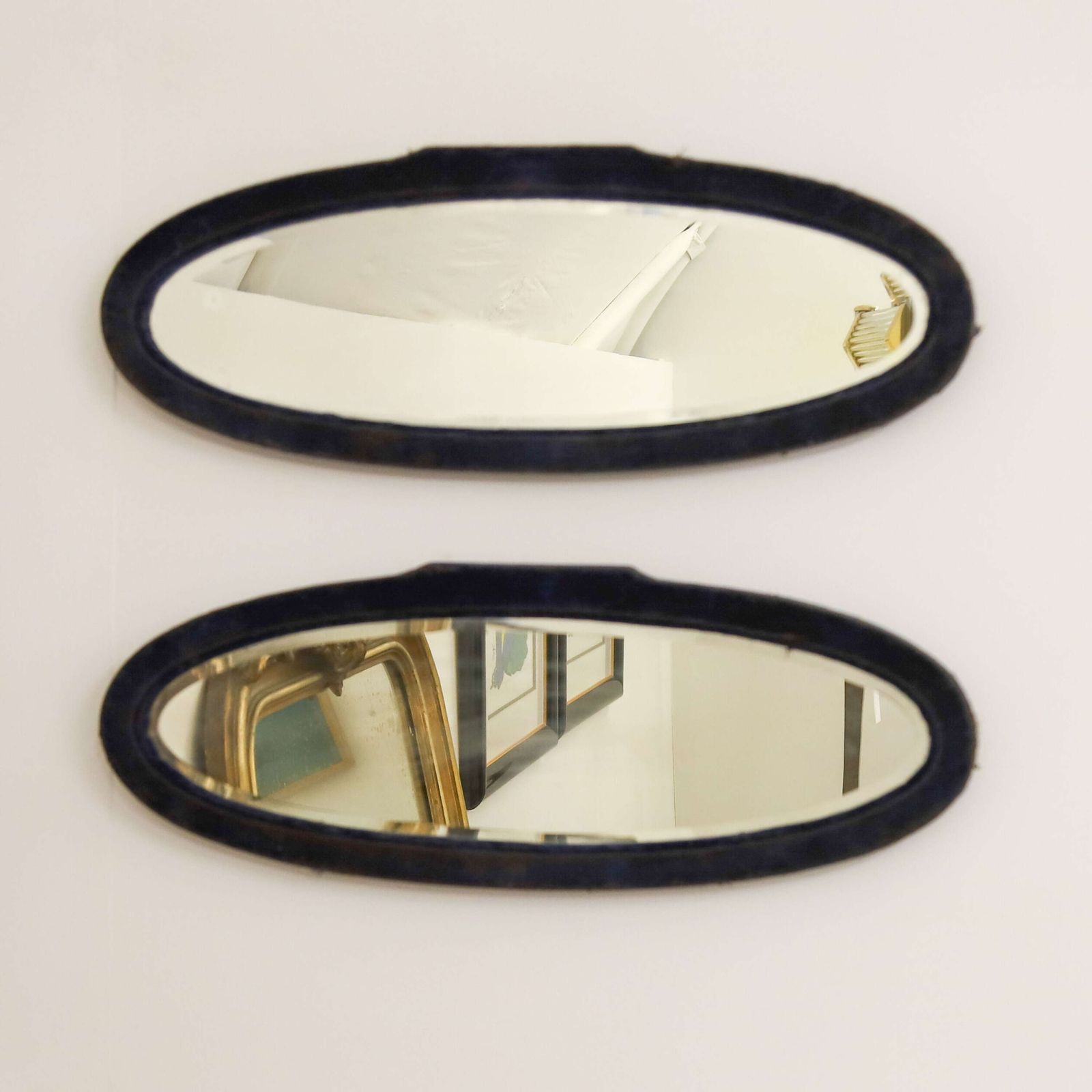 Pair Of French Art Deco Oval Mirrors   Original Plates & Distressed Velvet Frames C. 1930 photo for sale