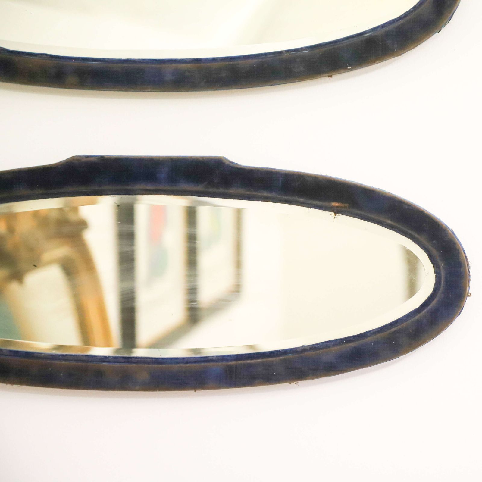 Pair Of French Art Deco Oval Mirrors   Original Plates & Distressed Velvet Frames C. 1930 photo Home Decor
