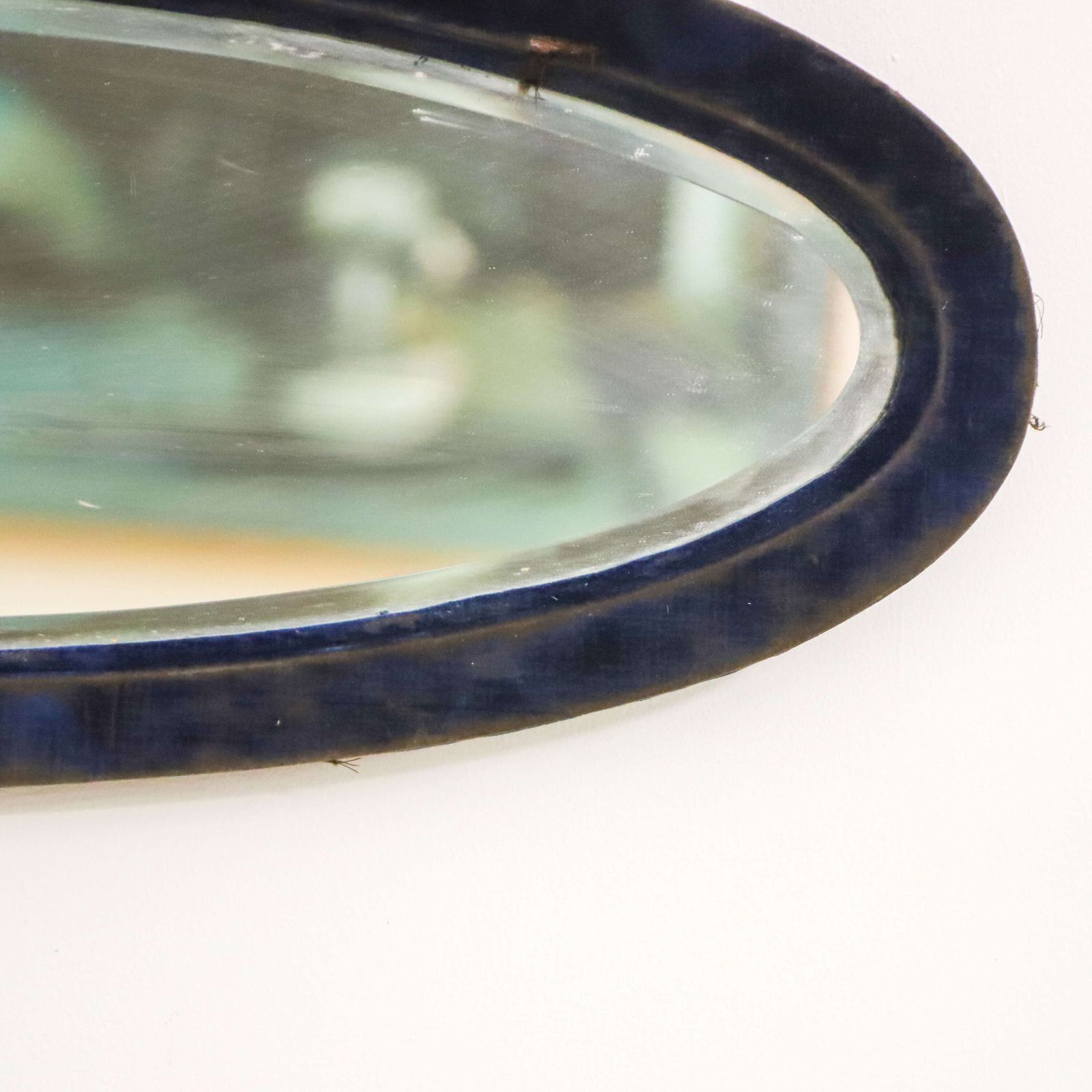 Pair Of French Art Deco Oval Mirrors   Original Plates & Distressed Velvet Frames C. 1930 photo 795.0