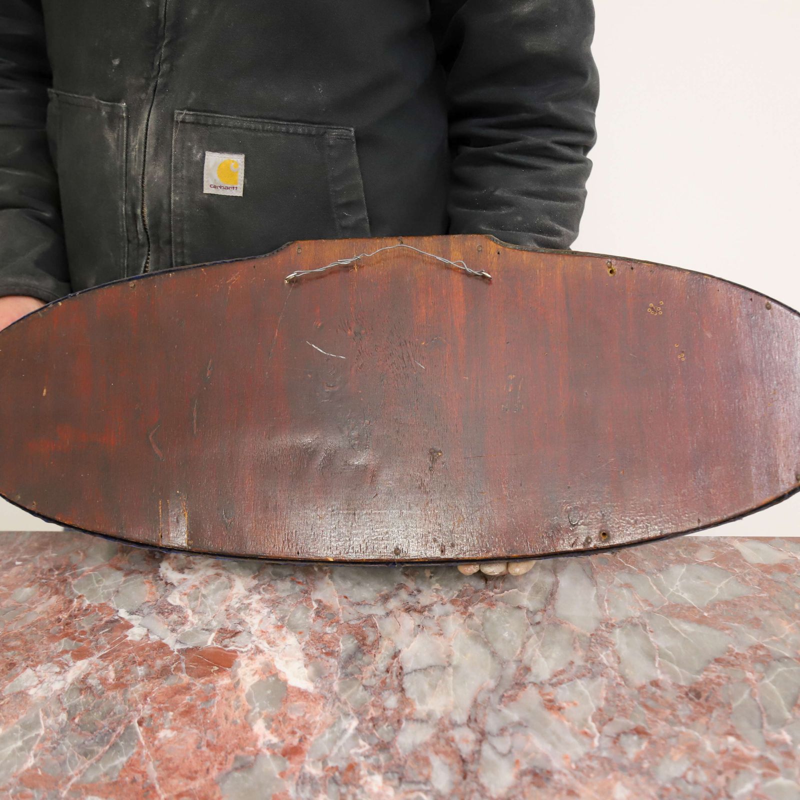 795.0 Pair Of French Art Deco Oval Mirrors   Original Plates & Distressed Velvet Frames C. 1930 photo