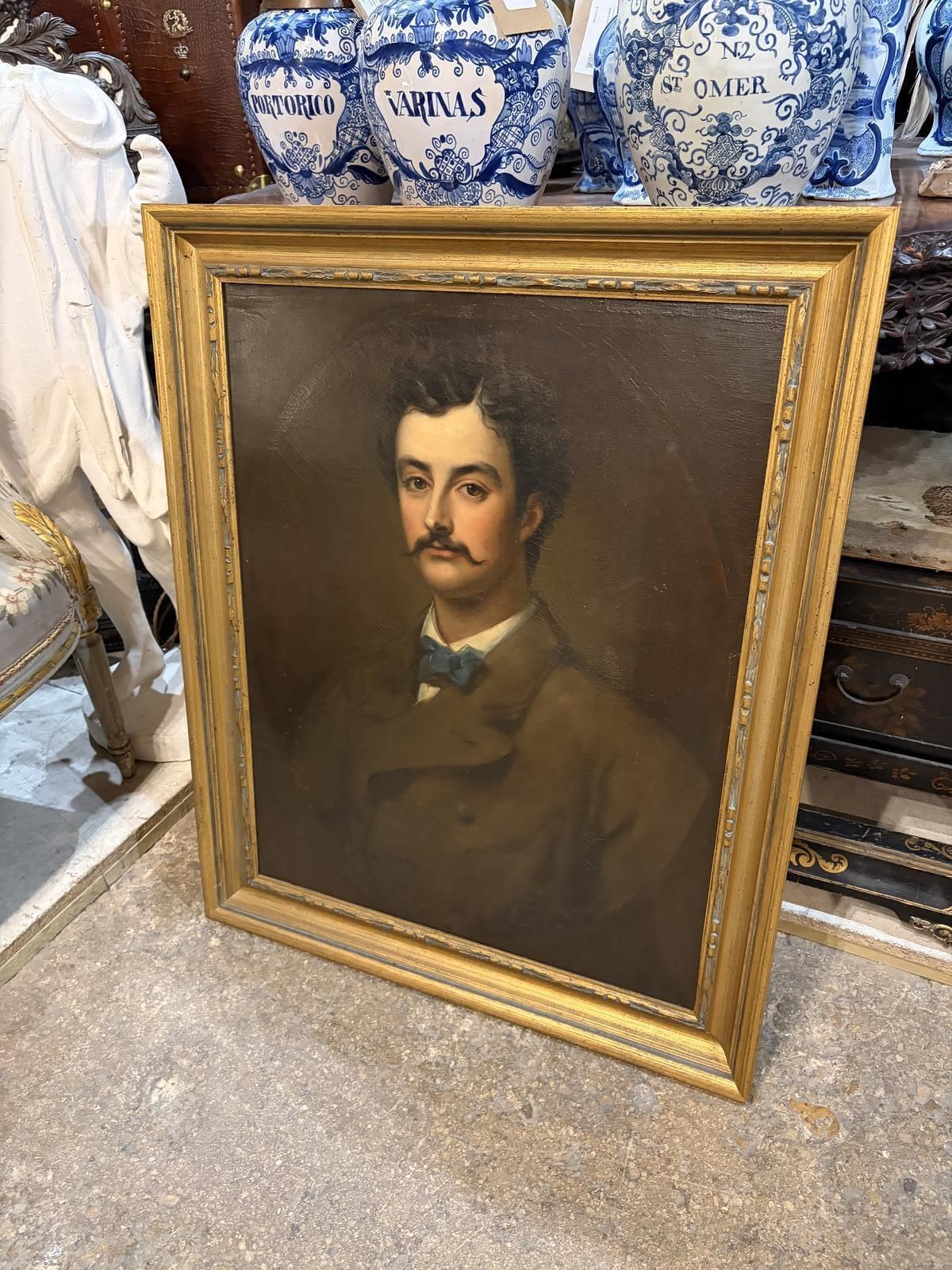 Victorian Oil On Canvas Portrait Of Gentleman In Blue Bowtie photo for sale