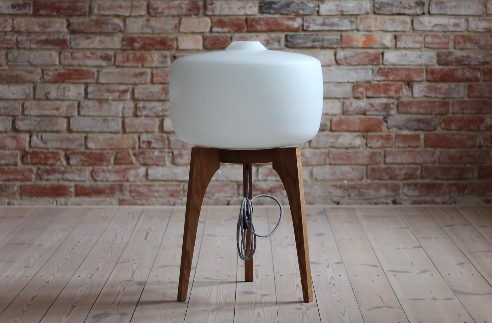 Space Age Floor Lamp, White Glass Lampshade, Wooden Tripod Base, Czech Republic, 1960s photo furniture