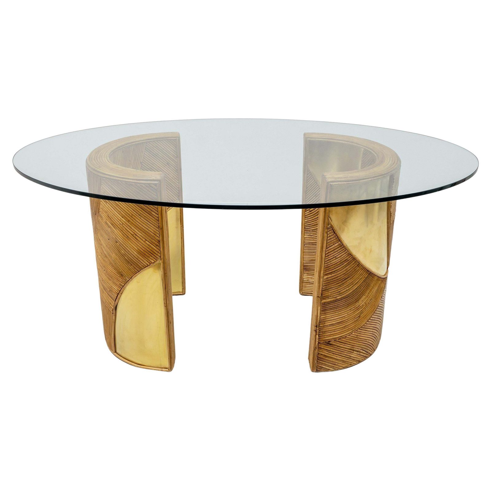 Mid Century Modern Italian Rattan And Brass Dining Table By Vivai Del Sud, 70s