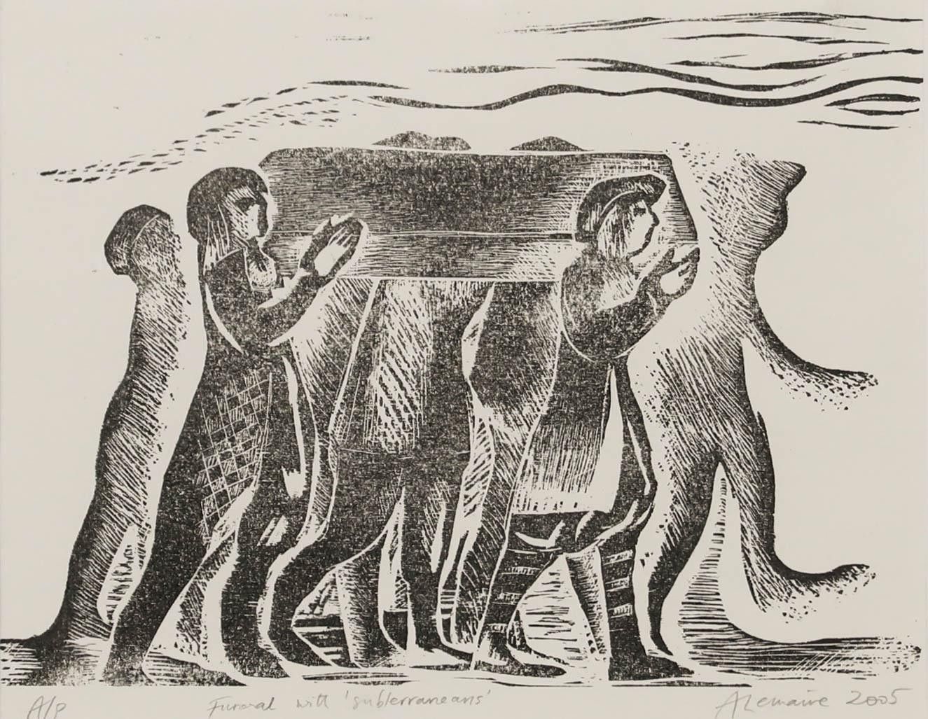 Angela Lemaire (1944 2025) 2005 Woodcut, Funeral With Subterraneans photo furniture