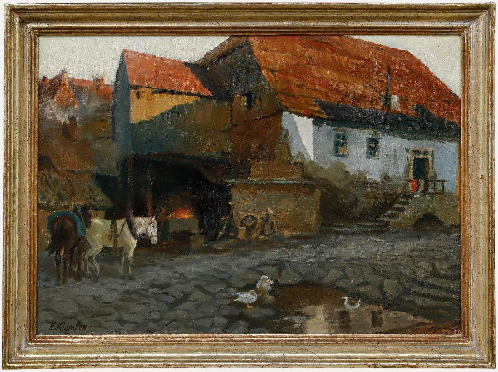 Emil Kiemlen (1869 1956) Framed Mid 20th Century Oil, Outside The Forge