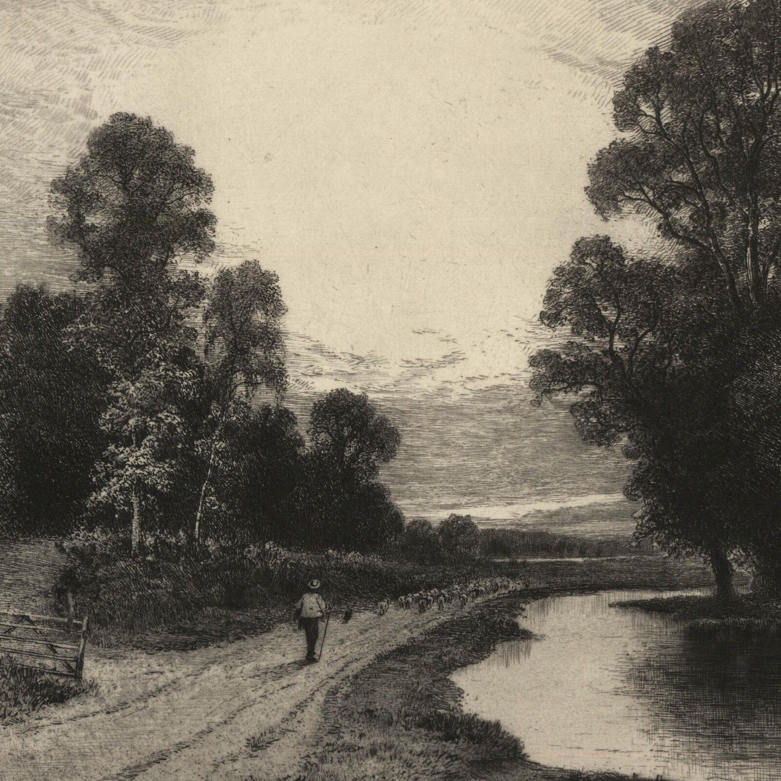 John Fullwood Rba (1854 1931) 20th Century Etching, Shepherd Guiding The Flock photo for sale