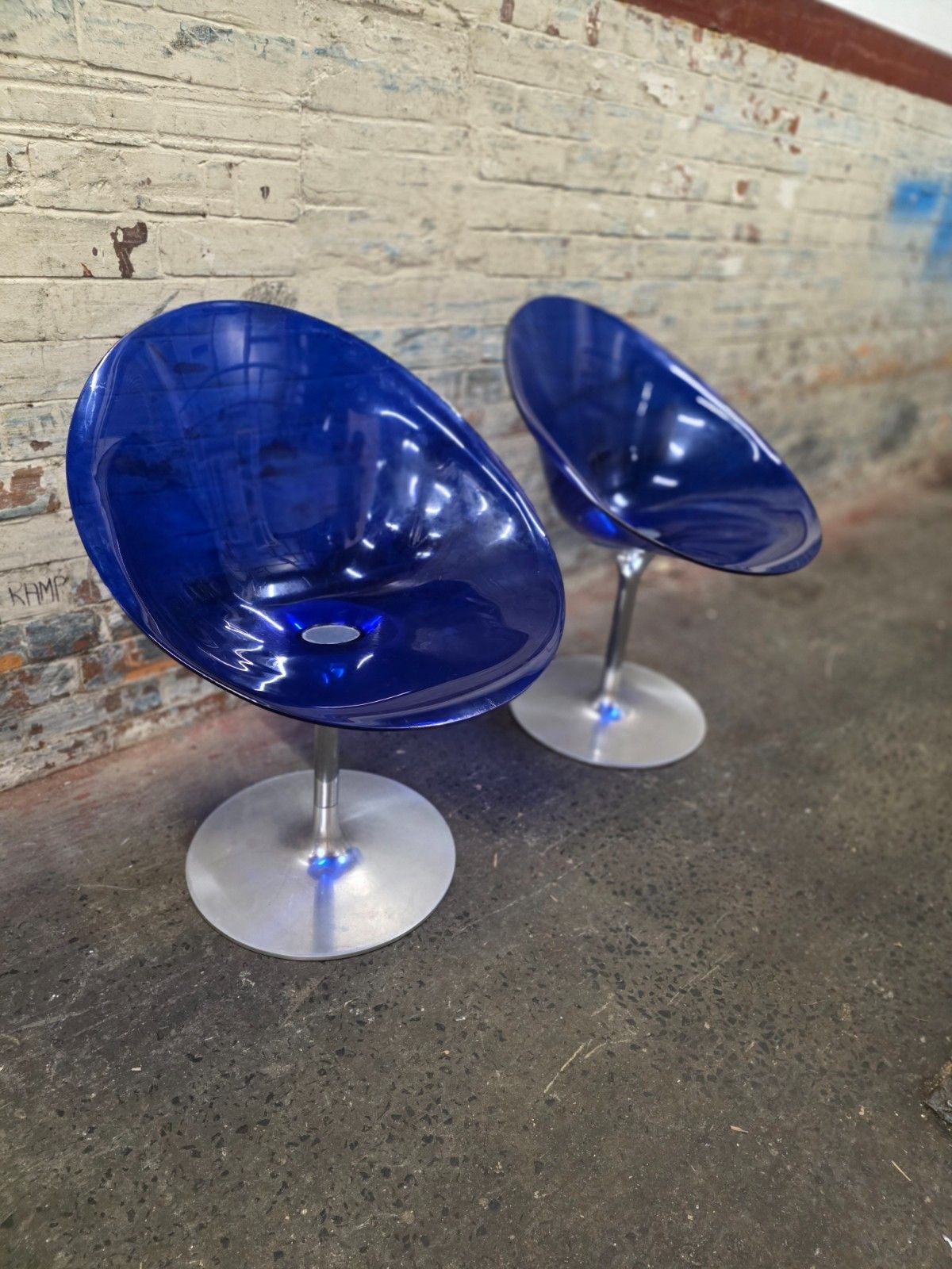 Pair Of Kartell Eros Swivel Armchairs In Blue Designed By Philippe Starck photo vinterior