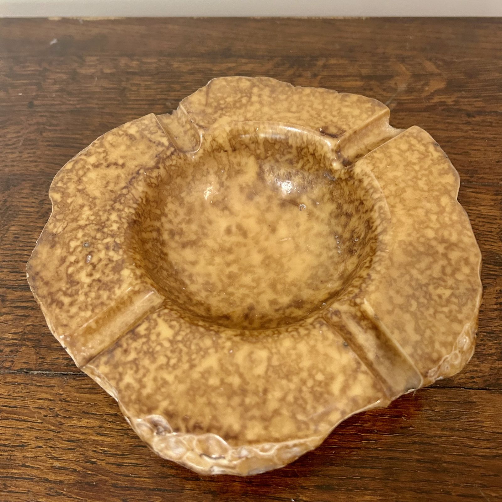 Vintage French Tan Alabaster Ashtray/Trinket Dish, With Brass Incense Holder