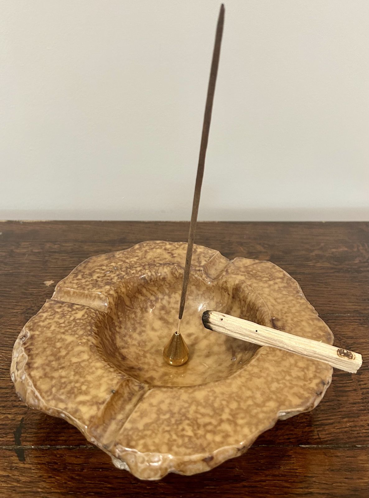 Vintage French Tan Alabaster Ashtray/Trinket Dish, With Brass Incense Holder photo furniture