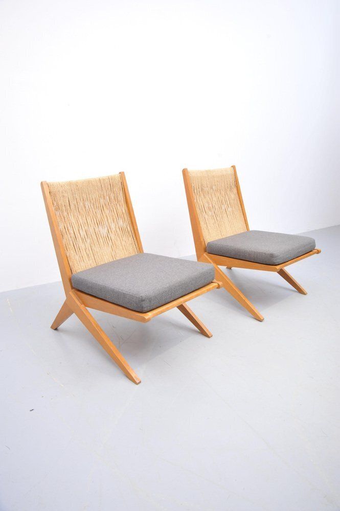 Mid Century Ash Wood Scissor Chairs With Sisal Backrests By Pierre Jeanneret, 1950s, Set Of 2 photo buy
