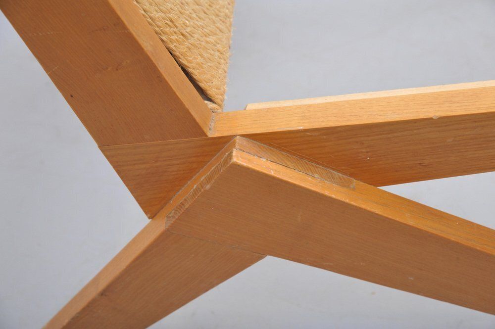 Furniture Mid Century Ash Wood Scissor Chairs With Sisal Backrests By Pierre Jeanneret, 1950s, Set Of 2 photo