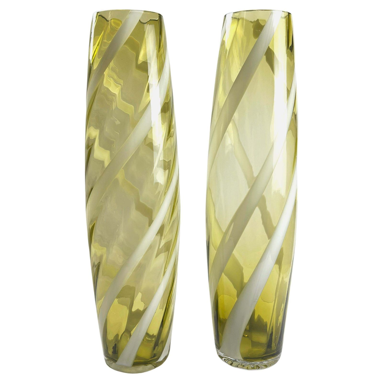 Pair Of Tall Glass Floor Vases, Lime Green, Italian Mid Century 1960s