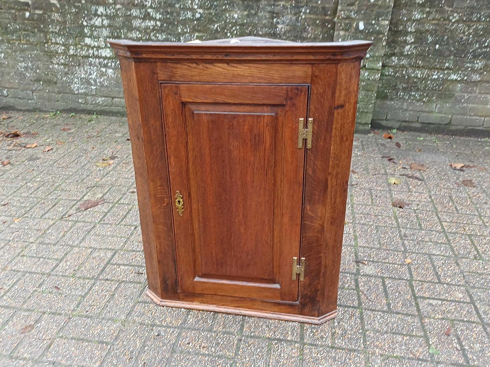 Antique Oak Corner Wall Cupboard C.1900 Solid Oak Panel Door Georgian Style Brass Hinges Original Key Shaped Shelved