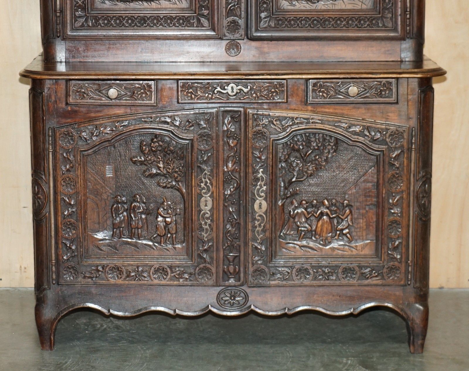 Antique 1860 Ornately Hand Carved Dutch Housekeepers Linen Or Kitchen Cupboard photo for sale