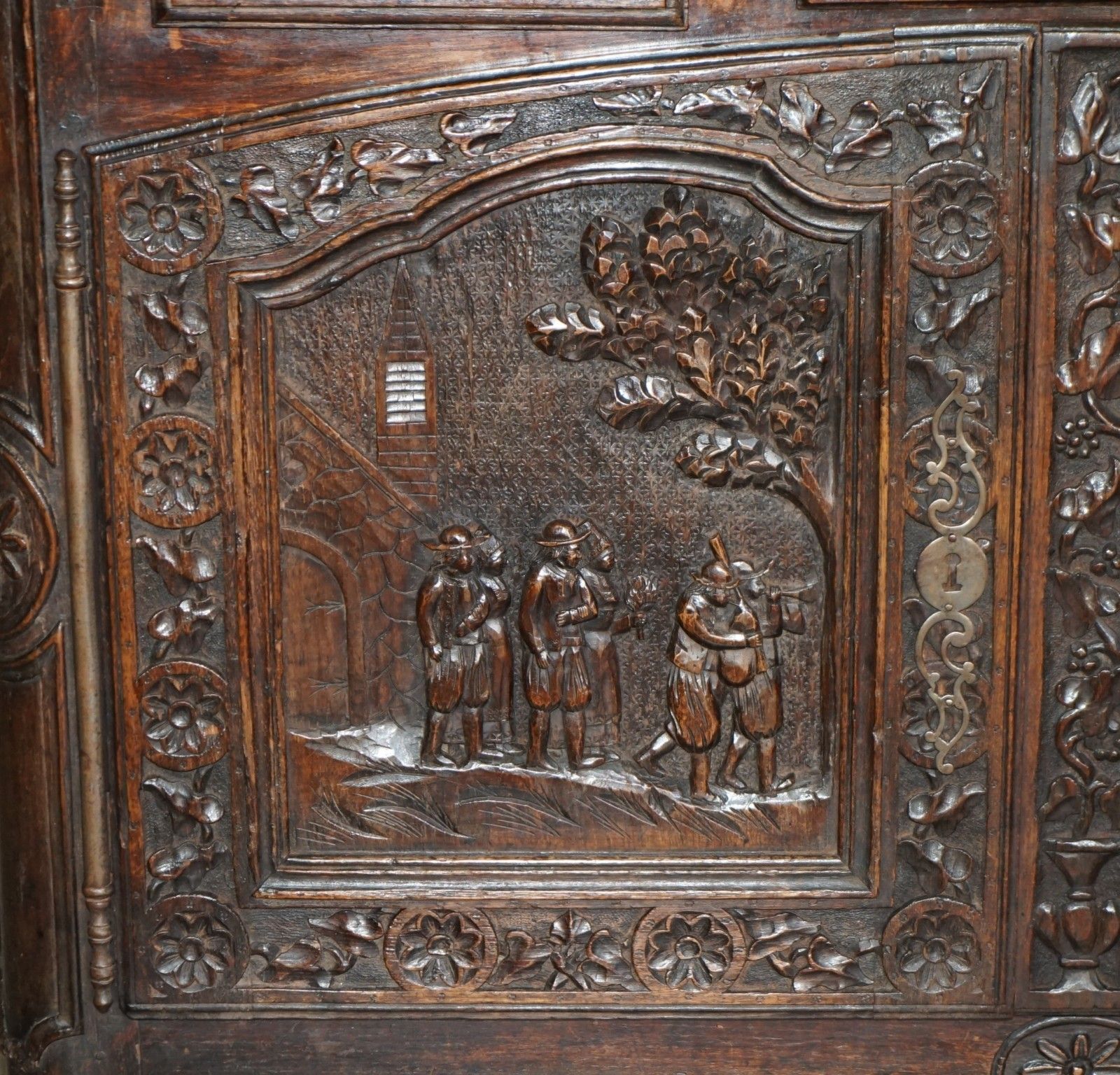 Antique 1860 Ornately Hand Carved Dutch Housekeepers Linen Or Kitchen Cupboard photo vintage