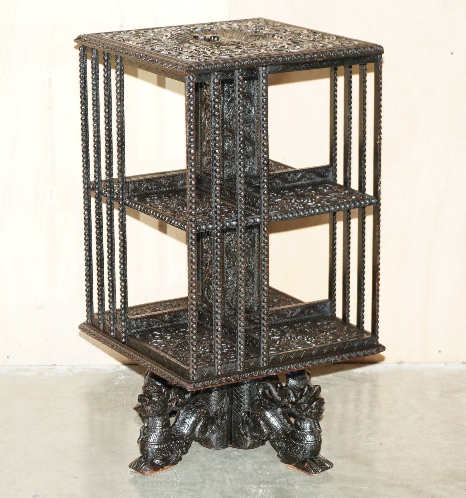 Super Rare Antique 1880 Anglo Indian Ornately Carved Revolving Bookcase Table photo furniture