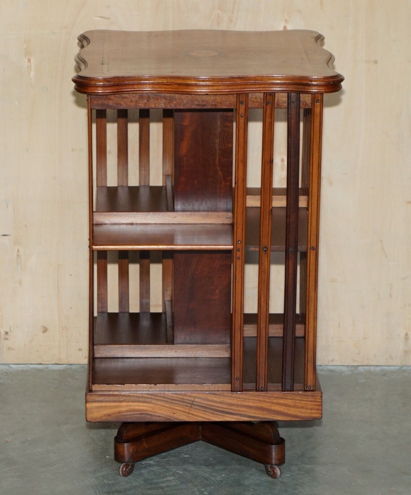 Fine Antique Sheraton Walnut, Satinwood & Porcelain Revolving Bookcase Table photo for sale