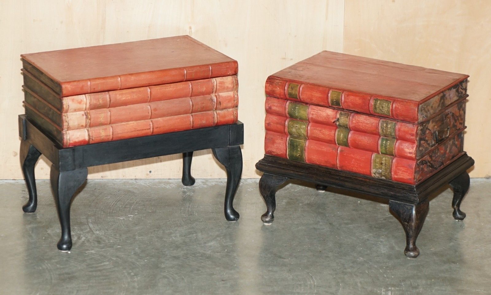 Matched Pair Of Antique Victorian Faux Book Side End Lamp Wine Storage Tables photo furniture