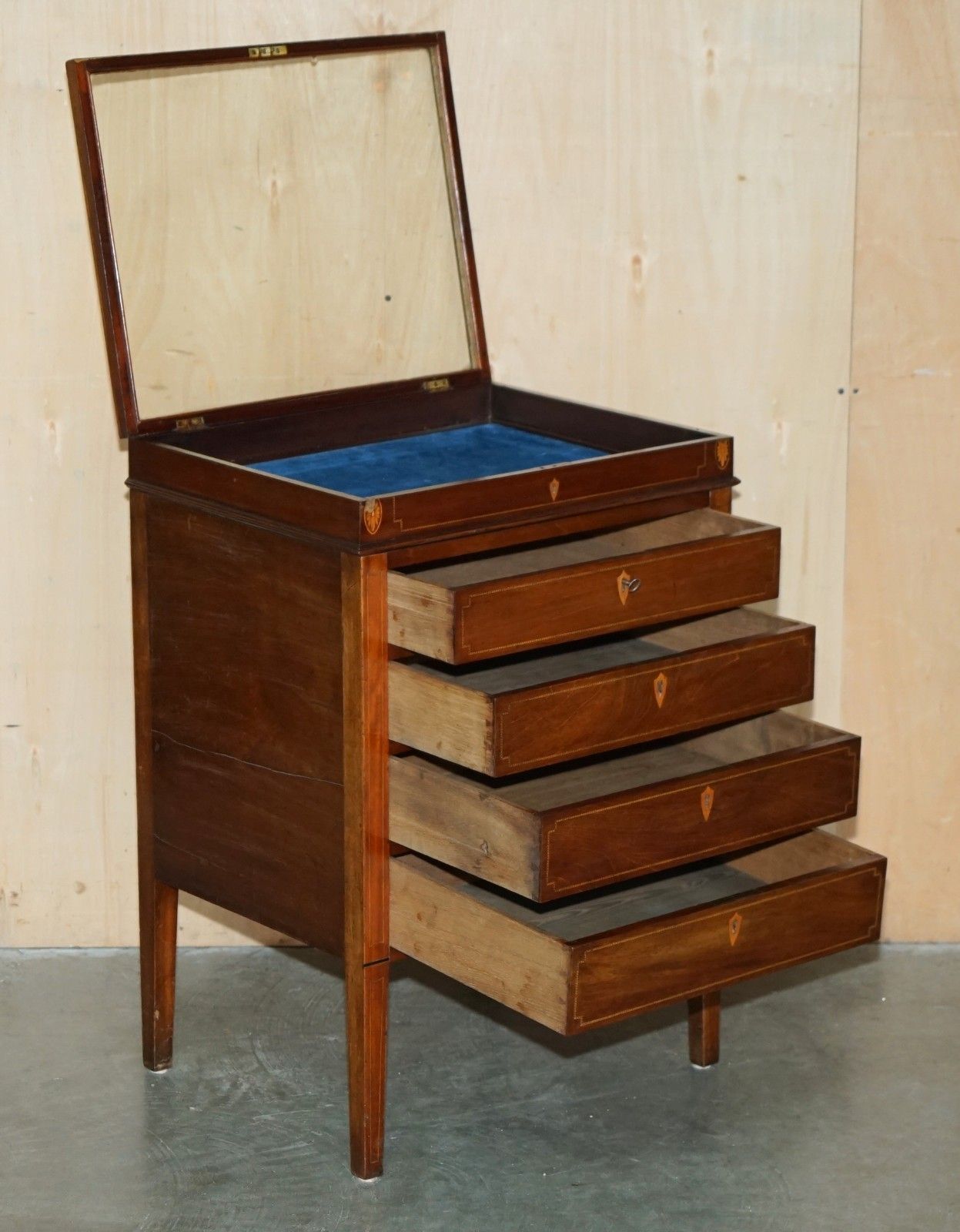 1495.0 Stunning Antique Victorian Sheraton Walnut Drawers With Napoleonic Blue Display photo