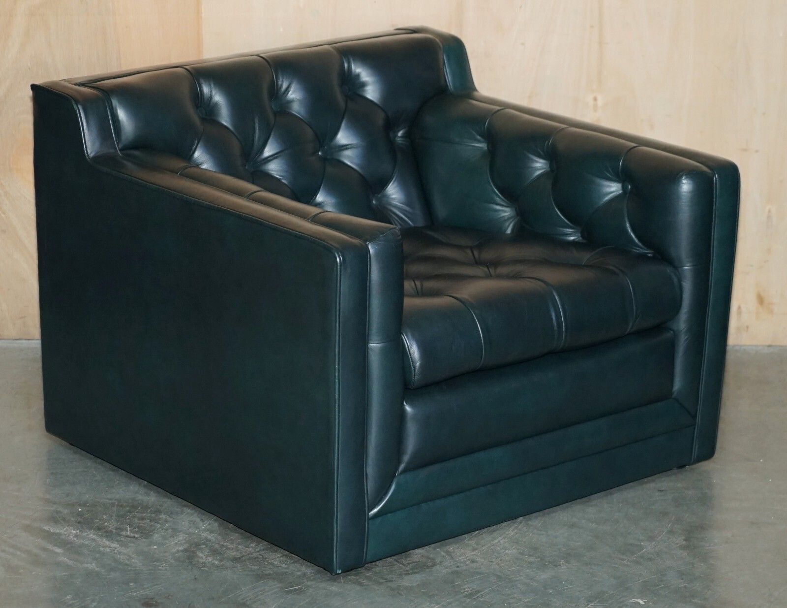 photo buy Art Deco Style 1970's Green Leather Chesterfield Sofa & Pair Of Armchairs Suite