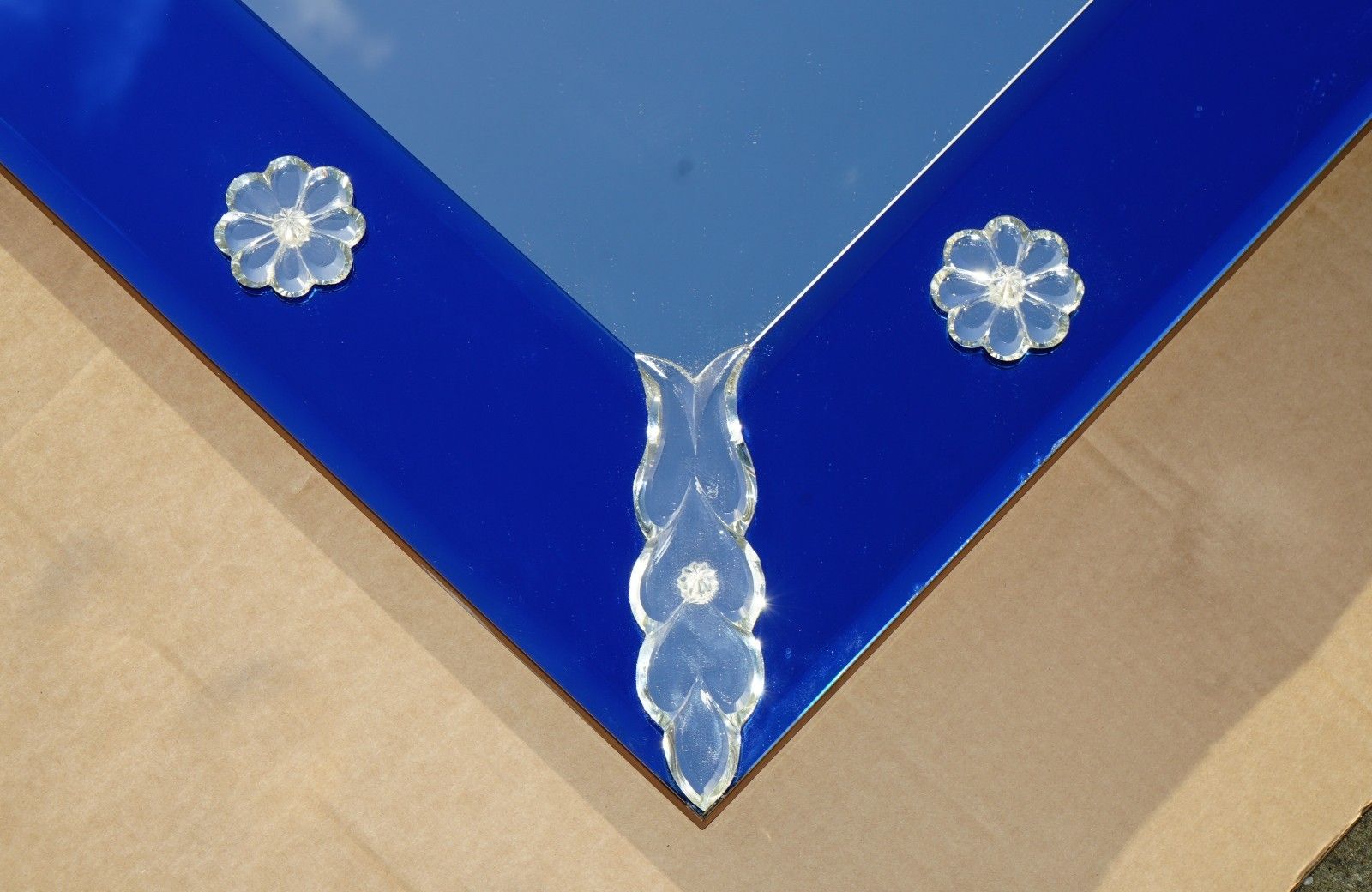 Very Large 151cm X 133cm Italian Venetian Cobalt Blue Cut Glass Wall Mirror photo vinterior