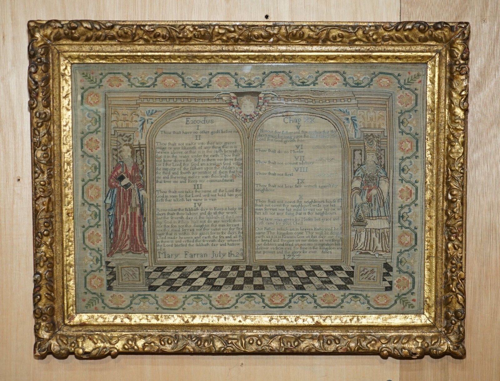 Important Antique 10 Commandments George I 1727 Needlework Sampler Mary Farran photo furniture