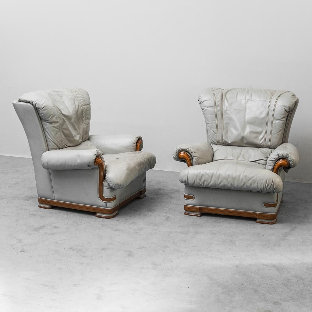 Pair Of Vintage Armchairs In Grey Leather And Wood, 1950s Modern Antiques