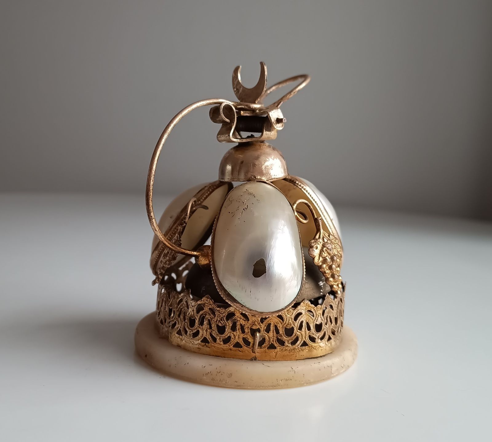 photo furniture French Palais Royale Ormolu Table Bell: Mother Of Pearl Shell, Grapes Decor, 19 Century Grand Tour Object