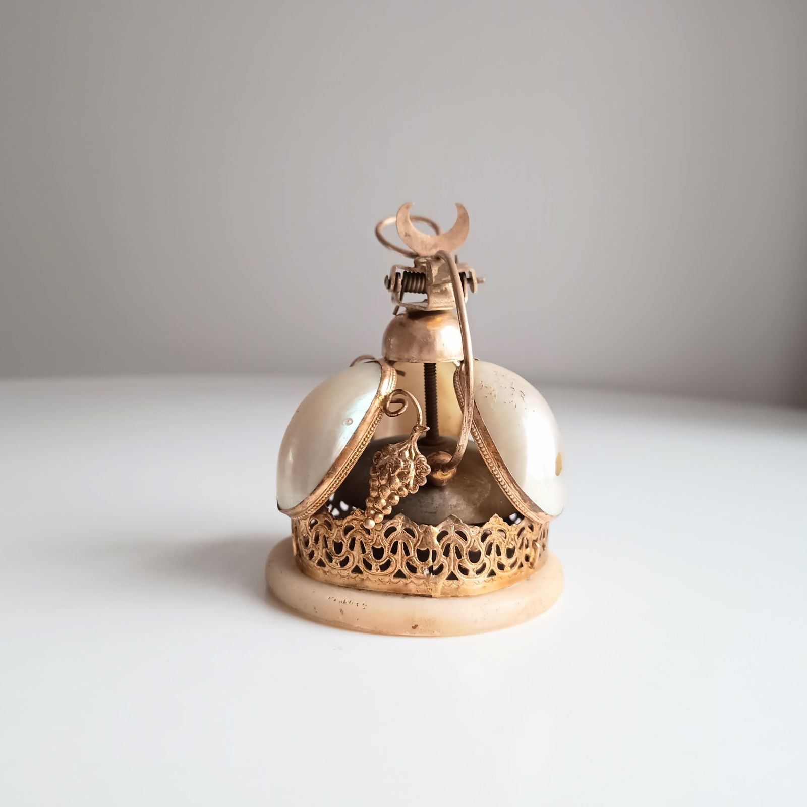 French Palais Royale Ormolu Table Bell: Mother Of Pearl Shell, Grapes Decor, 19 Century Grand Tour Object photo for sale