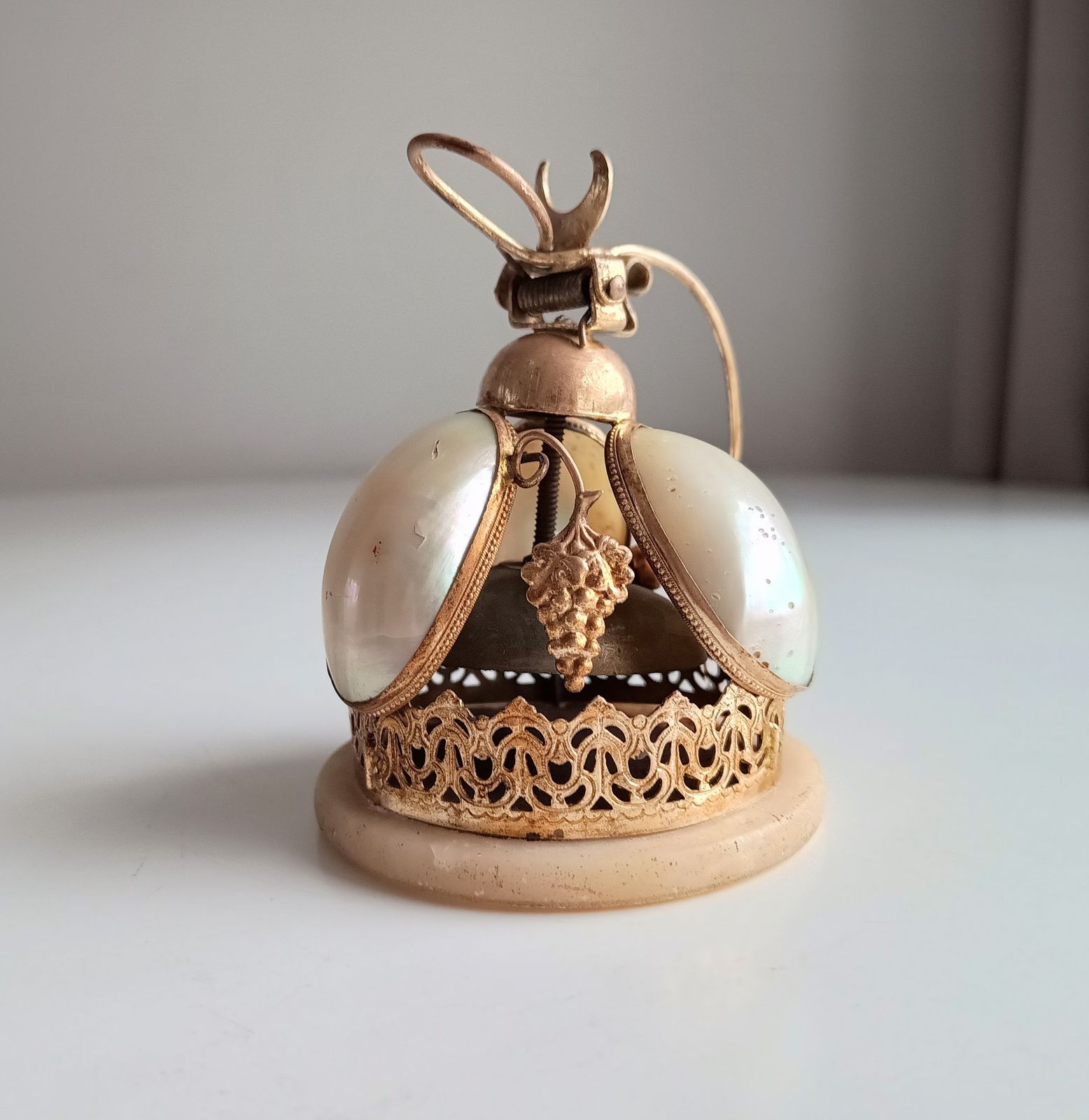 Home Decor French Palais Royale Ormolu Table Bell: Mother Of Pearl Shell, Grapes Decor, 19 Century Grand Tour Object photo