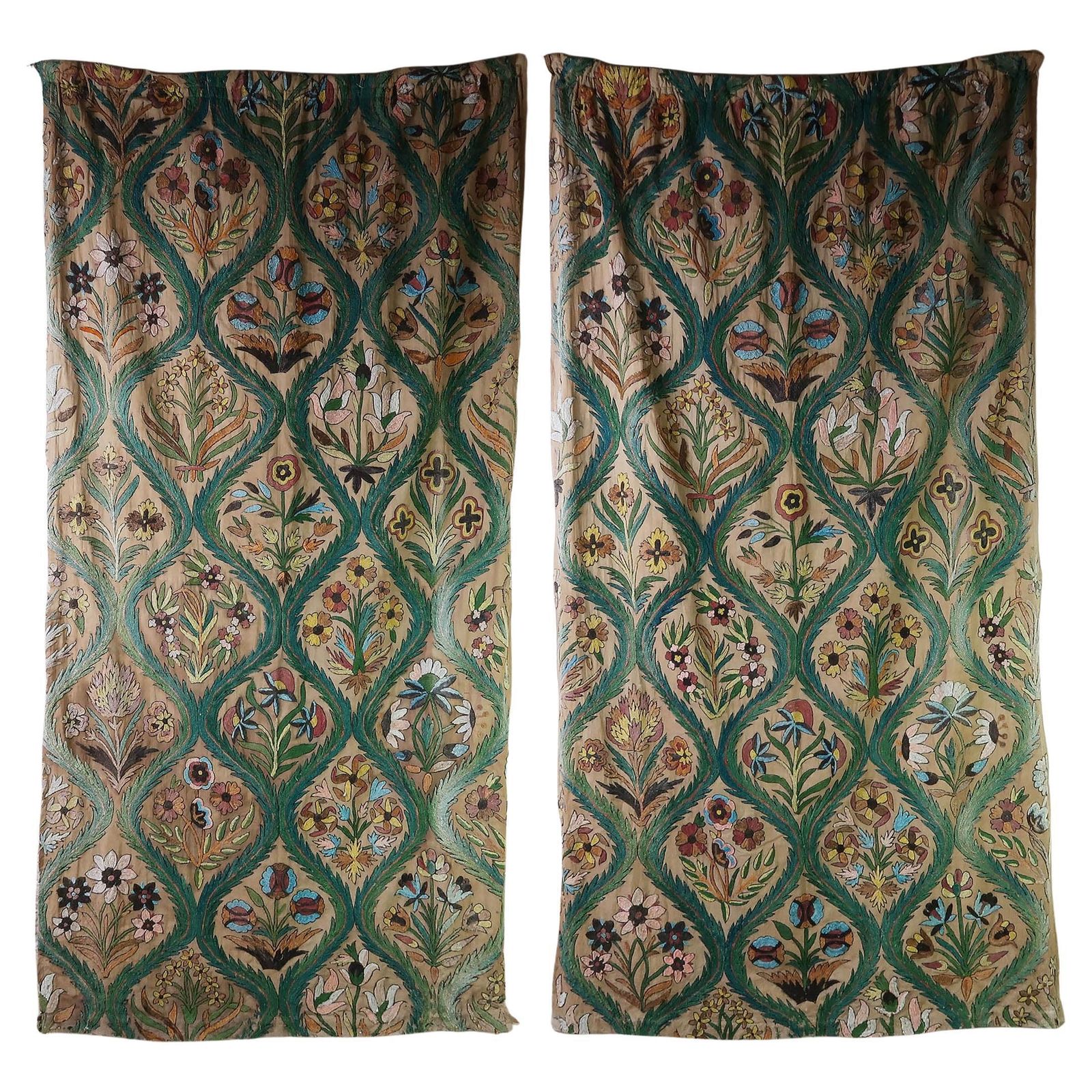 Pair Of Antique Arts And Crafts Style Crewel Work Curtains. English C.1900