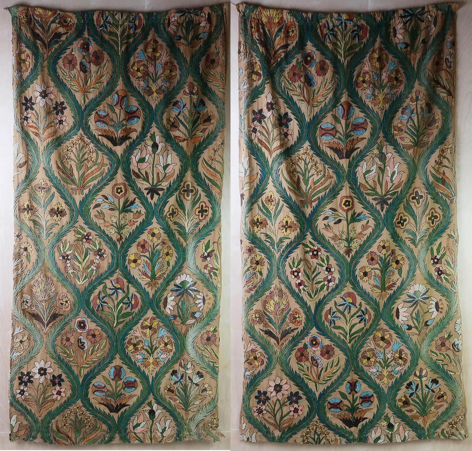 Pair Of Antique Arts And Crafts Style Crewel Work Curtains. English C.1900 photo furniture