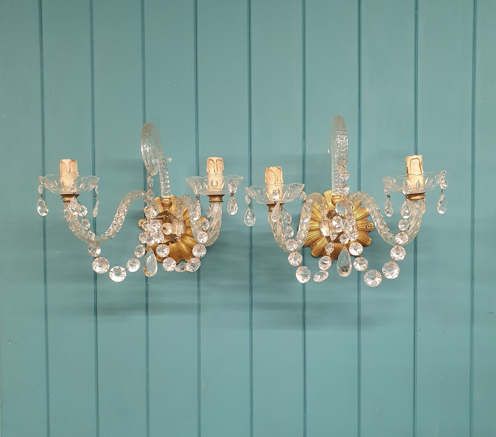 Pair Of Early 20th Century Antique Glass And Brass Wall Lights French photo Lighting