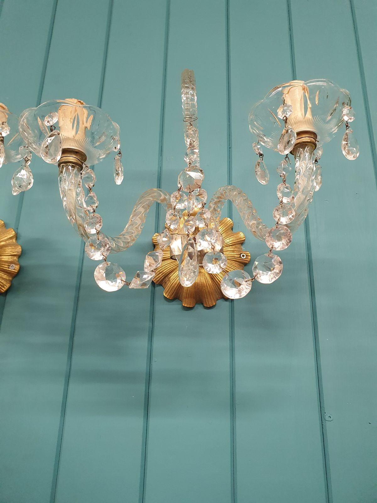 Pair Of Early 20th Century Antique Glass And Brass Wall Lights French photo vinterior