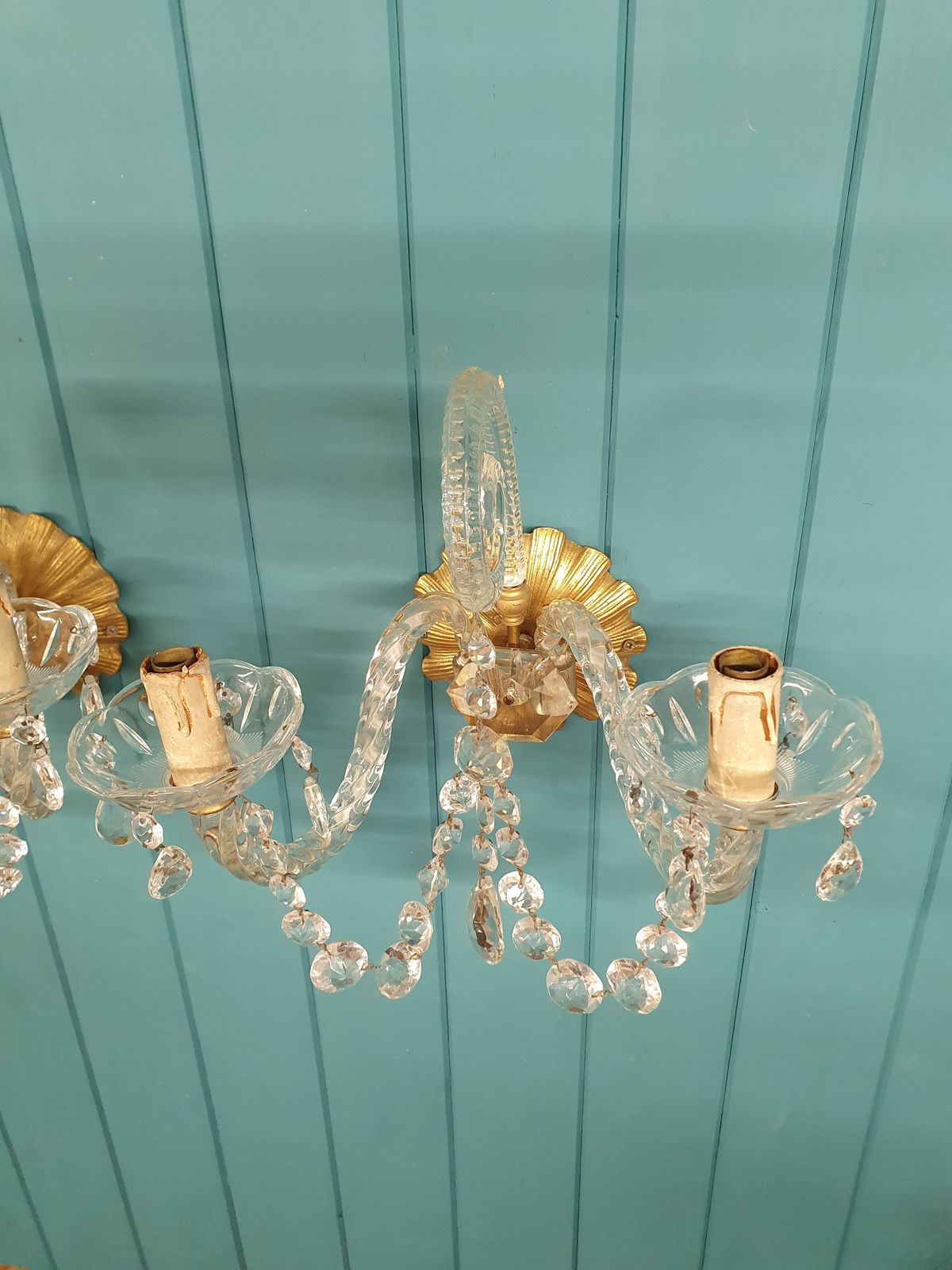 photo for sale Pair Of Early 20th Century Antique Glass And Brass Wall Lights French