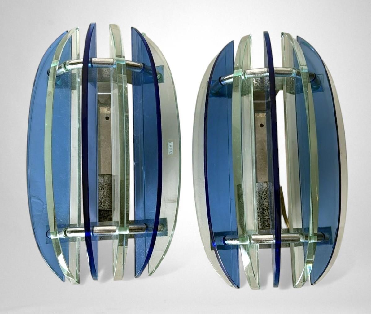 Veca For Fontana Arte Pair Of Italian Wall Sconces Steel And Seven Crystal photo for sale