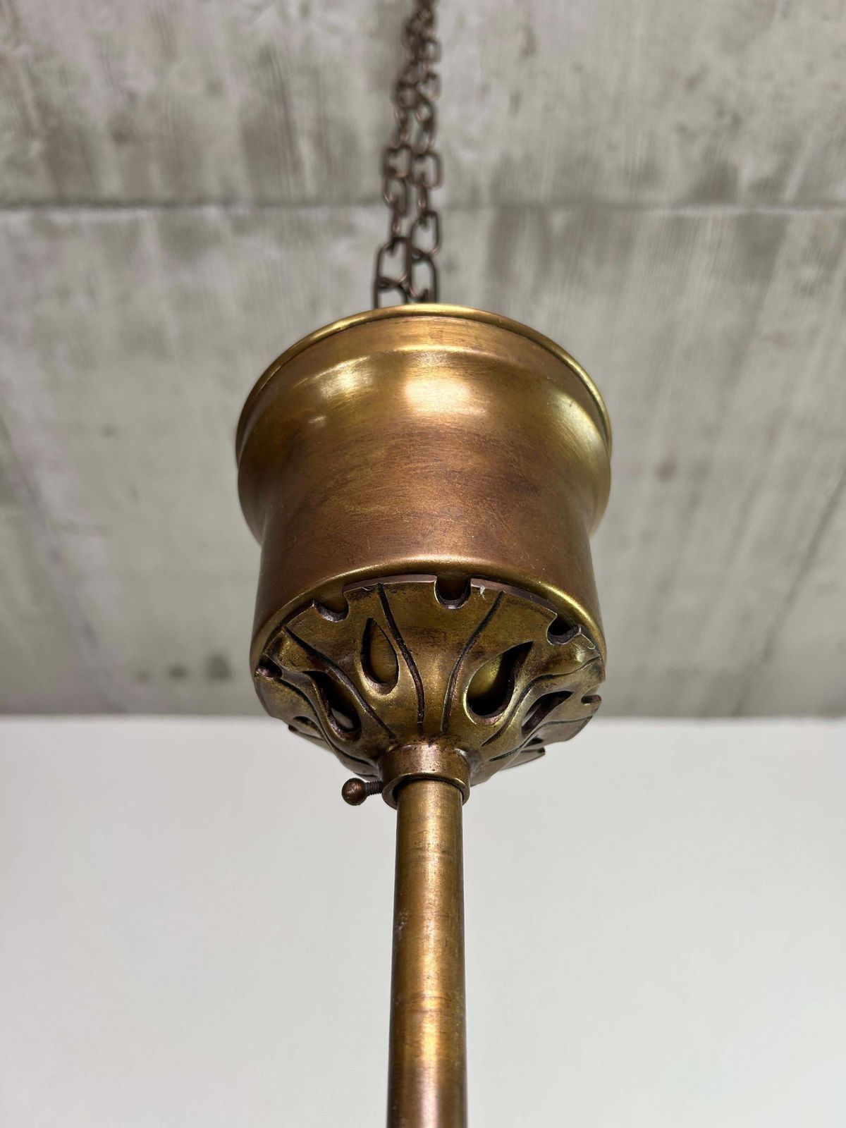 photo for sale Art Nouveau Three Arm Chandelier With Opal Iridescent Glass