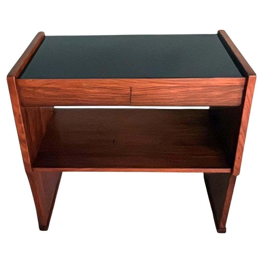 Mid Century Modern Italian Console In Red Walnut With Black Glass Top