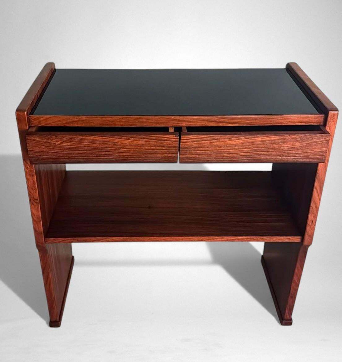 Mid Century Modern Italian Console In Red Walnut With Black Glass Top photo for sale