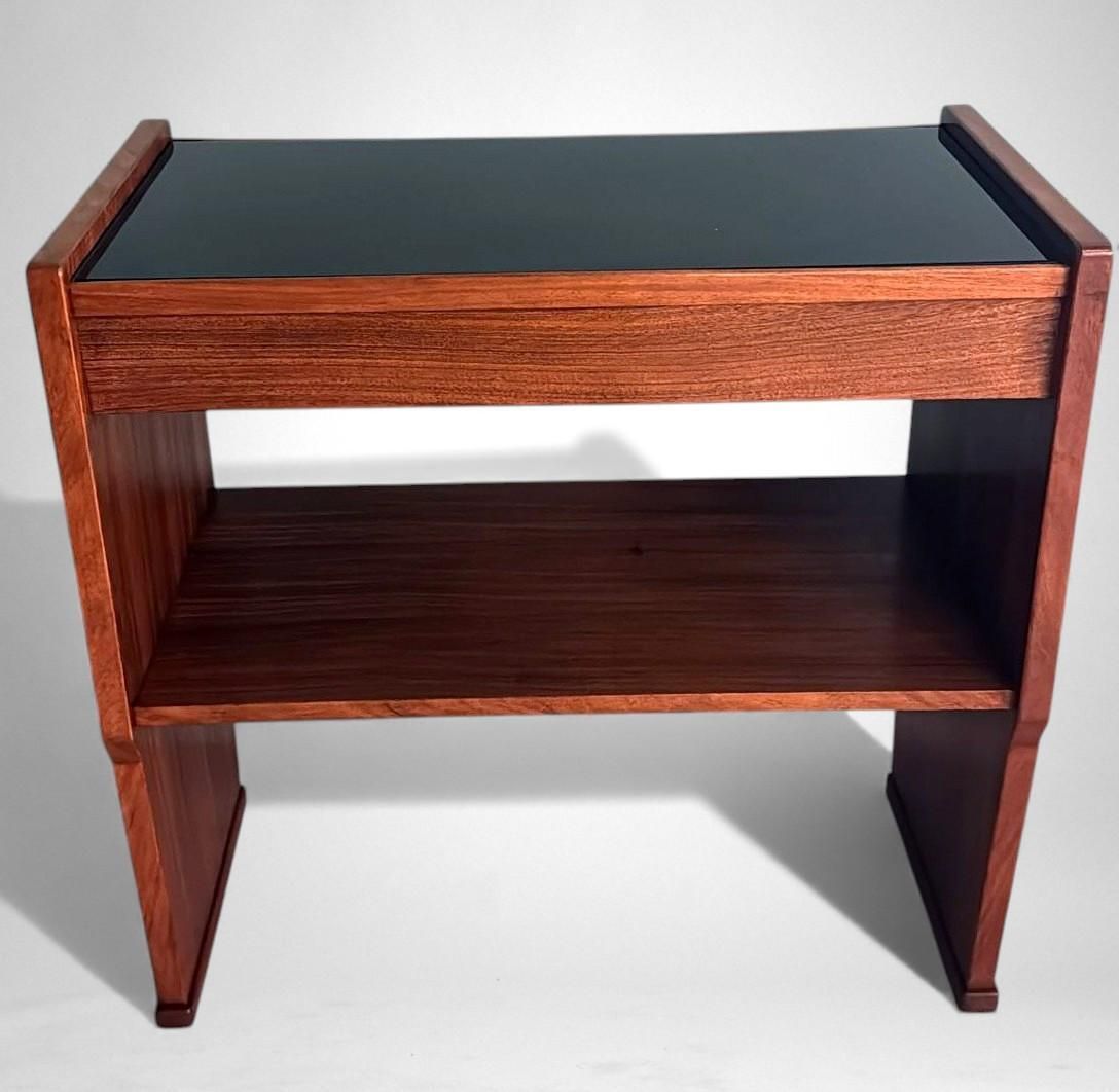 Mid Century Modern Italian Console In Red Walnut With Black Glass Top photo vinterior
