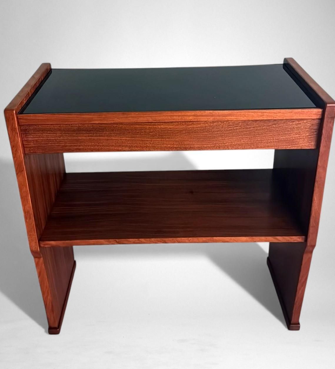 Mid Century Modern Italian Console In Red Walnut With Black Glass Top photo buy