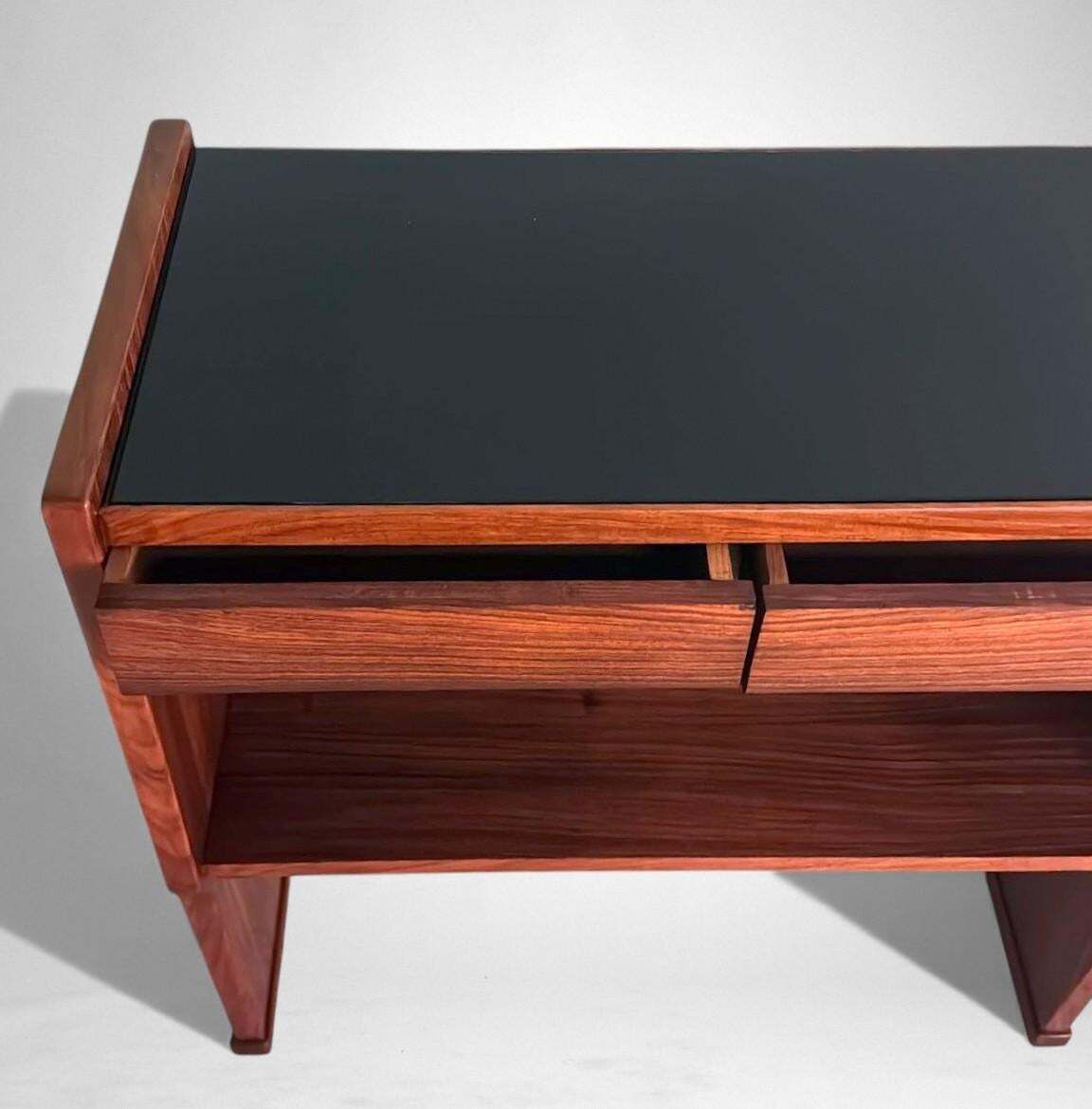 photo for sale Mid Century Modern Italian Console In Red Walnut With Black Glass Top