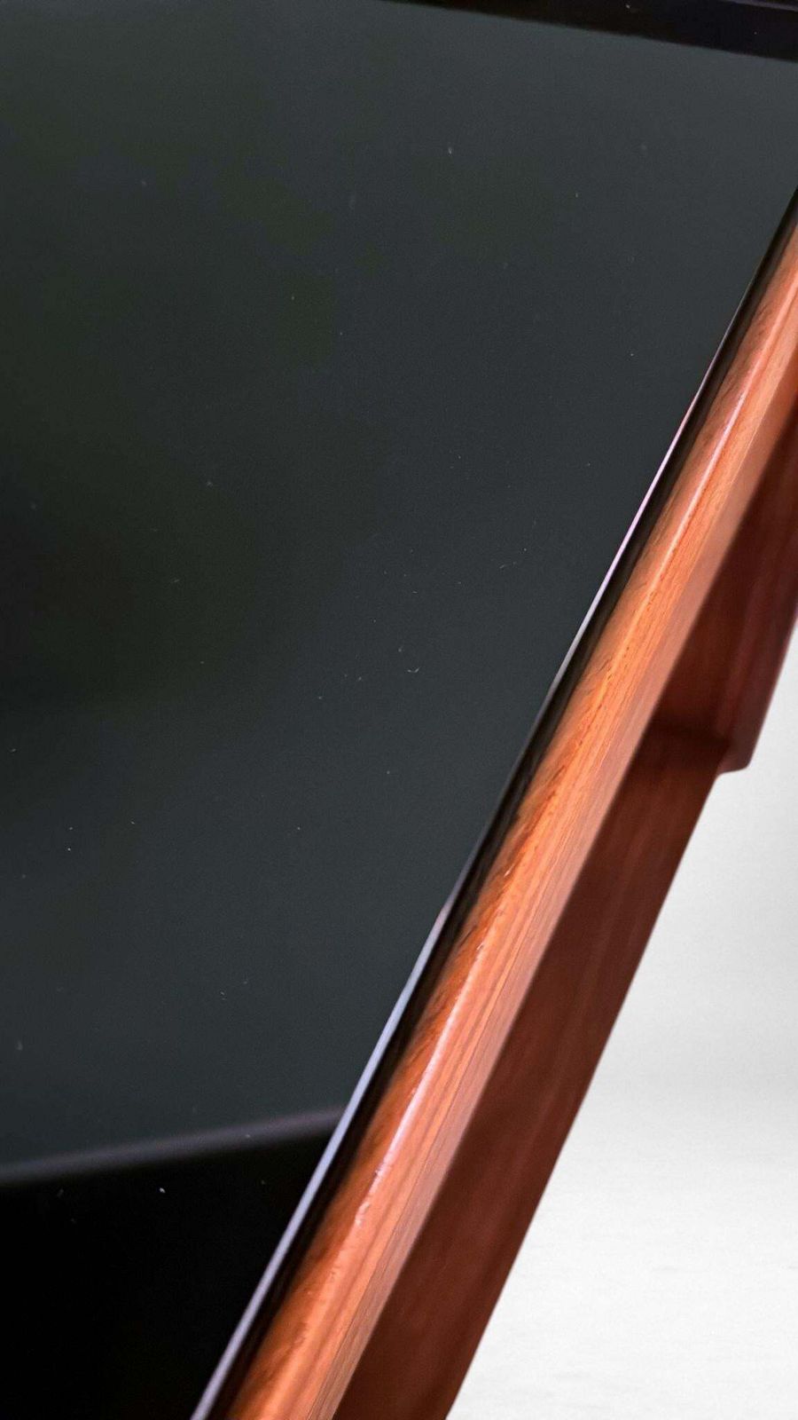 photo vinterior Mid Century Modern Italian Console In Red Walnut With Black Glass Top